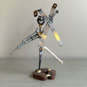 VTG Skiing Injured Skier Crutches - Handmade Scrap Junk Metal Art Sculpture  8"